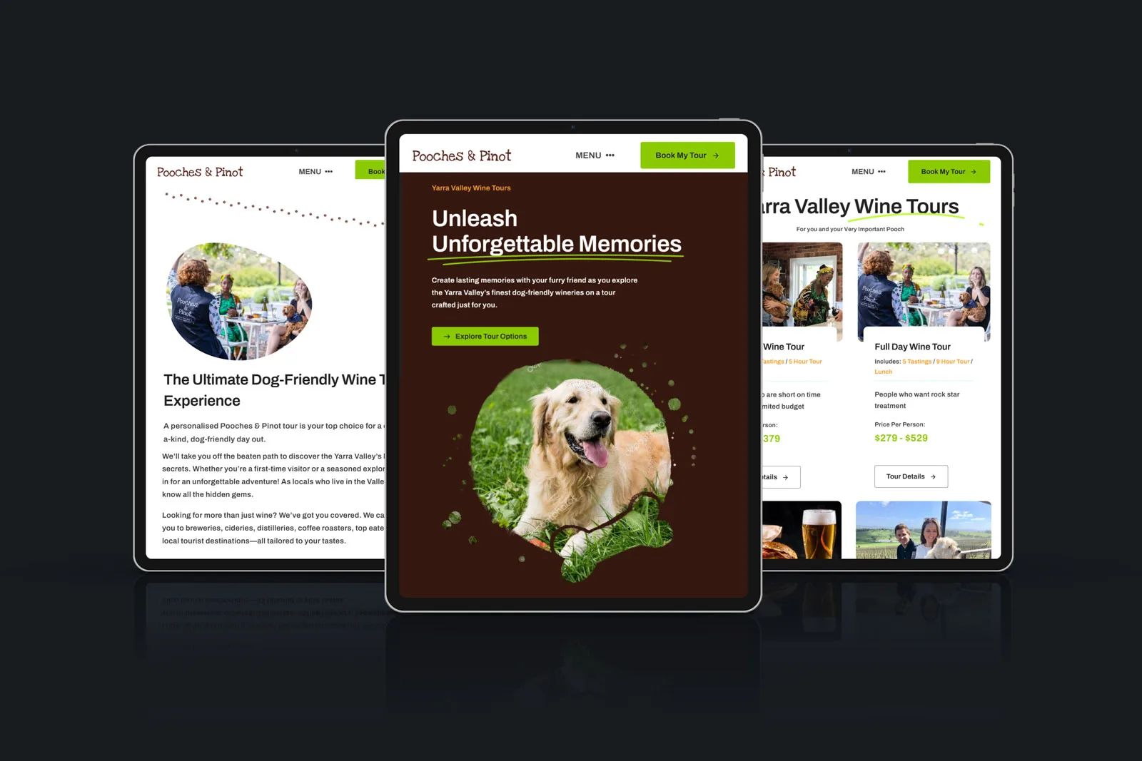 Wine tour business website displays on tablet devices